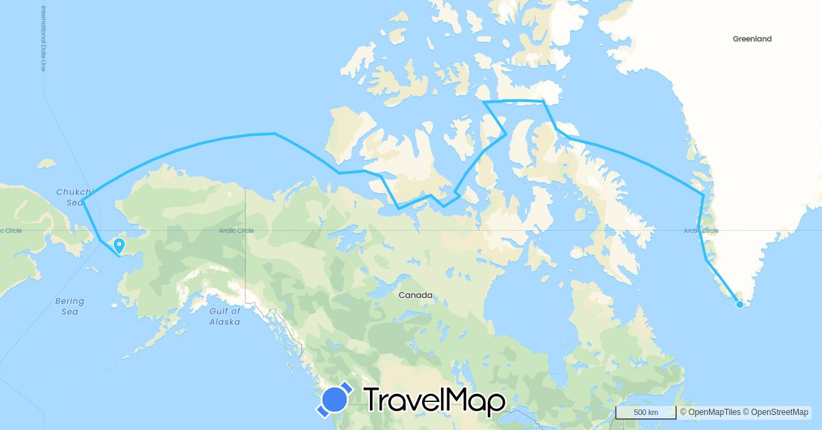 TravelMap itinerary: boat in Canada, Greenland, Russia, United States (Europe, North America)